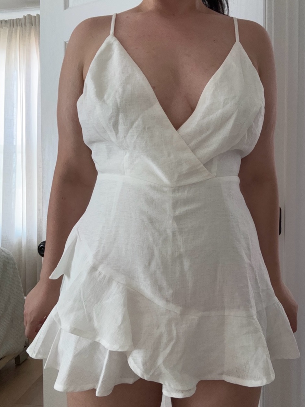 White Spaghetti Straps V-Neck Ruffle Mini Romper